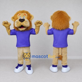 Custom Tan and Purple Lion in T-Shirt Mascot Costume Adult Full Body Suit for Sports Events