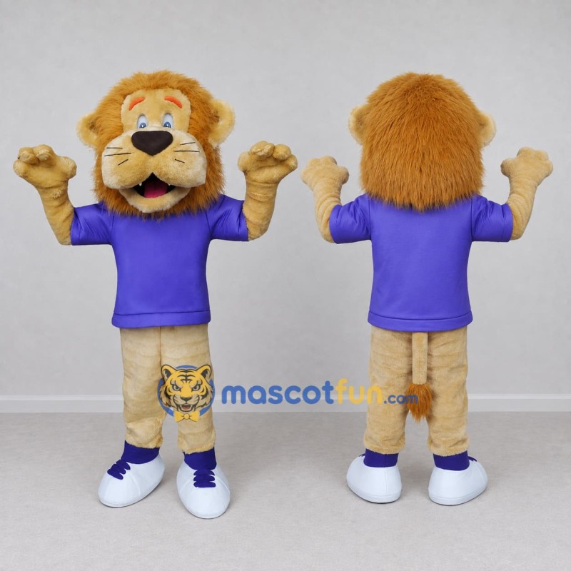 Custom Tan and Purple Lion in T-Shirt Mascot Costume Adult Full Body Suit for Sports Events