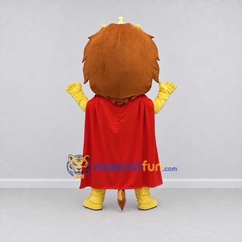 Custom Yellow Brown and Red Lion with Crown and Cape Mascot Costume Adult Full Body Suit for Themed Parties Custom Yellow Brown and Red Lion with Crown and Cape Mascot Costume Adult Full Body Suit for Themed Parties
