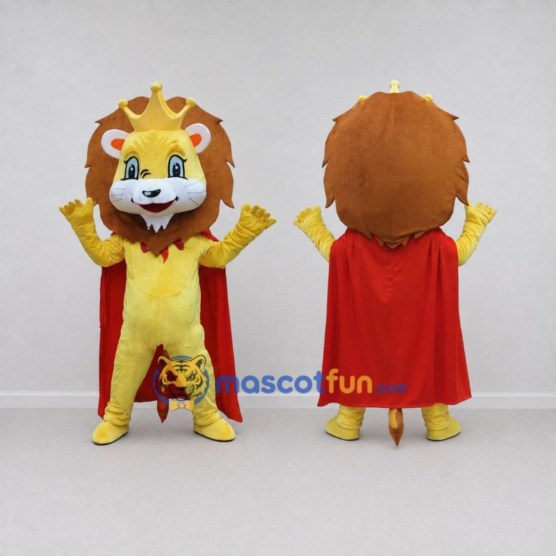 Custom Yellow Brown and Red Lion with Crown and Cape Mascot Costume Adult Full Body Suit for Themed Parties Custom Yellow Brown and Red Lion with Crown and Cape Mascot Costume Adult Full Body Suit for Themed Parties
