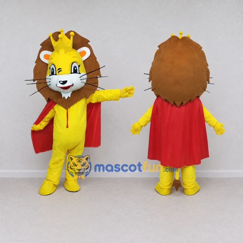 Custom Yellow Brown and Red Lion with Crown and Cape Mascot Costume Adult Full Body Suit for Themed Parties Custom Yellow Brown and Red Lion with Crown and Cape Mascot Costume Adult Full Body Suit for Themed Parties
