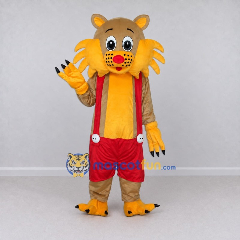 Custom Tan Yellow and Red Lion in Overalls Mascot Costume Adult Full Body Suit for Children's Parties Custom Tan Yellow and Red Lion in Overalls Mascot Costume Adult Full Body Suit for Children's Parties
