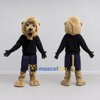 Custom Tan Black and Navy Blue Lion in Sportswear Mascot Costume Adult Full Body Suit for Sports Events