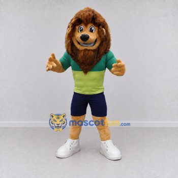 Custom Tan Brown and Green Lion in Sportswear Mascot Costume Adult Full Body Suit for Sports Events Custom Tan Brown and Green Lion in Sportswear Mascot Costume Adult Full Body Suit for Sports Events