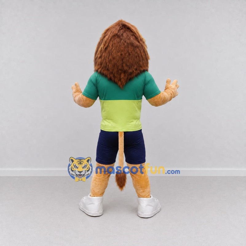 Custom Tan Brown and Green Lion in Sportswear Mascot Costume Adult Full Body Suit for Sports Events Custom Tan Brown and Green Lion in Sportswear Mascot Costume Adult Full Body Suit for Sports Events