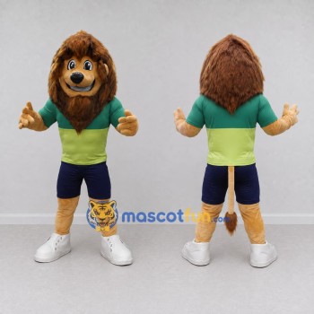 Custom Tan Brown and Green Lion in Sportswear Mascot Costume Adult Full Body Suit for Sports Events
