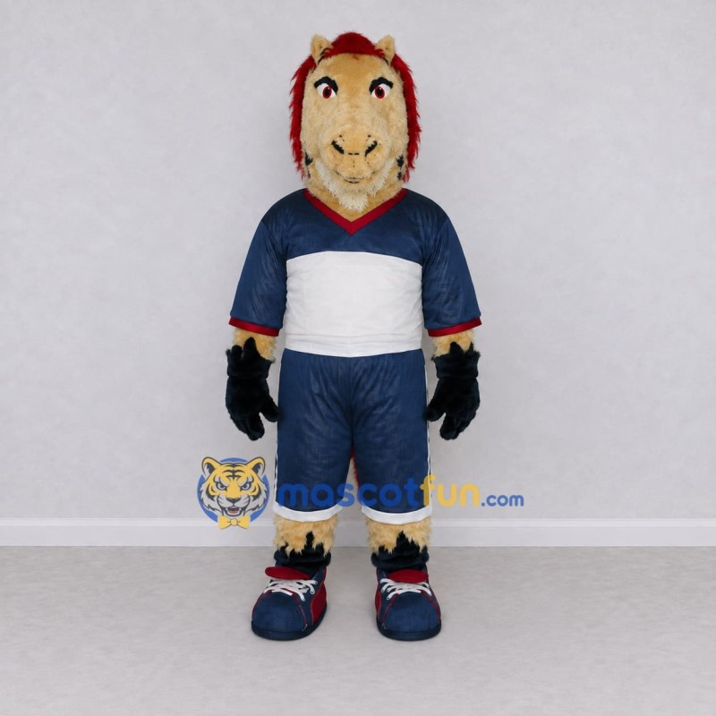 Custom Tan Navy Blue and Red Horse in Sportswear Mascot Costume Adult Full Body Suit for Sports Events Custom Tan Navy Blue and Red Horse in Sportswear Mascot Costume Adult Full Body Suit for Sports Events