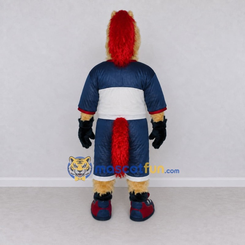 Custom Tan Navy Blue and Red Horse in Sportswear Mascot Costume Adult Full Body Suit for Sports Events Custom Tan Navy Blue and Red Horse in Sportswear Mascot Costume Adult Full Body Suit for Sports Events
