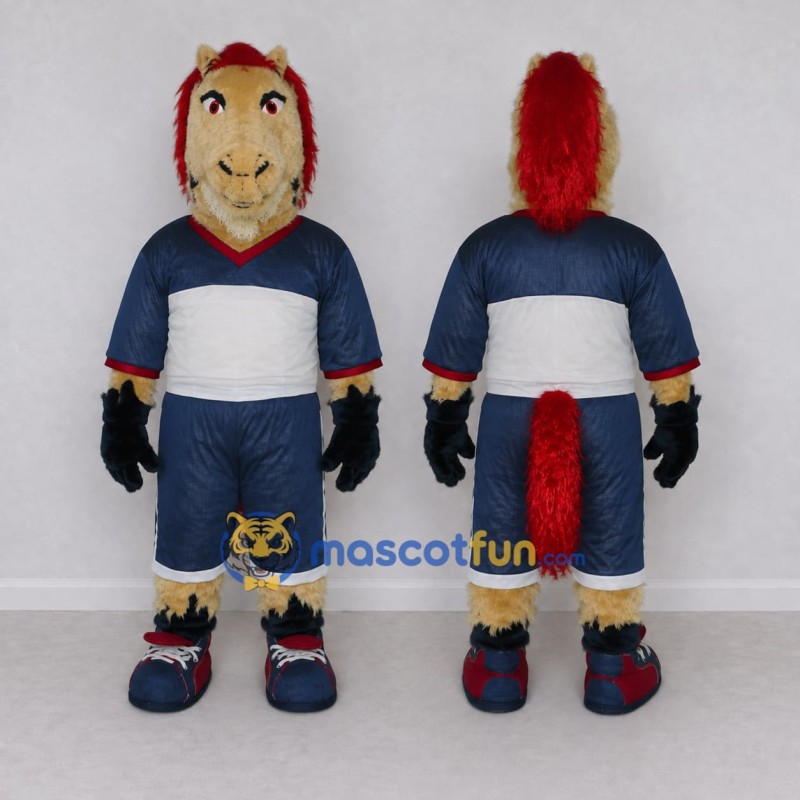 Custom Tan Navy Blue and Red Horse in Sportswear Mascot Costume Adult Full Body Suit for Sports Events Custom Tan Navy Blue and Red Horse in Sportswear Mascot Costume Adult Full Body Suit for Sports Events