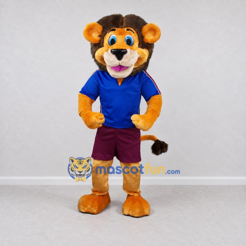 Custom Golden Brown Blue and Burgundy Lion in Sportswear Mascot Costume Adult Full Body Suit for Sports Events Custom Golden Brown Blue and Burgundy Lion in Sportswear Mascot Costume Adult Full Body Suit for Sports Events
