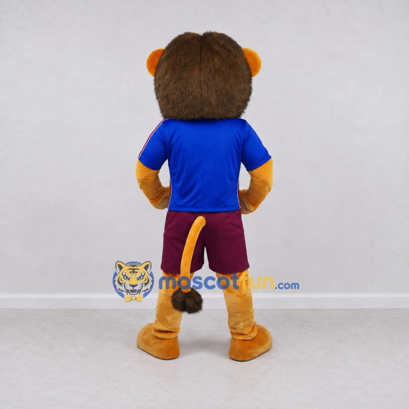 Custom Golden Brown Blue and Burgundy Lion in Sportswear Mascot Costume Adult Full Body Suit for Sports Events Custom Golden Brown Blue and Burgundy Lion in Sportswear Mascot Costume Adult Full Body Suit for Sports Events