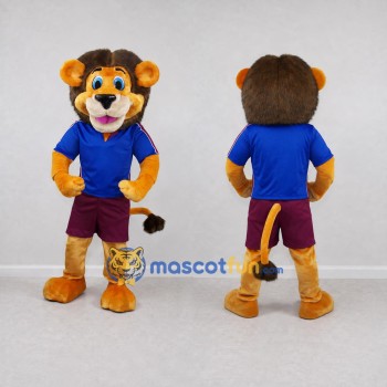 Custom Golden Brown Blue and Burgundy Lion in Sportswear Mascot Costume Adult Full Body Suit for Sports Events