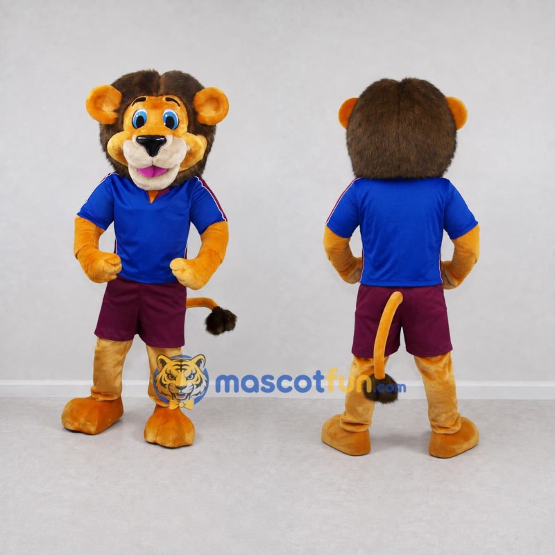 Custom Golden Brown Blue and Burgundy Lion in Sportswear Mascot Costume Adult Full Body Suit for Sports Events Custom Golden Brown Blue and Burgundy Lion in Sportswear Mascot Costume Adult Full Body Suit for Sports Events