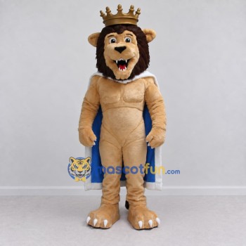 Custom Tan Brown and Blue Lion with Crown and Cape Mascot Costume Adult Full Body Suit for Themed Parties Custom Tan Brown and Blue Lion with Crown and Cape Mascot Costume Adult Full Body Suit for Themed Parties