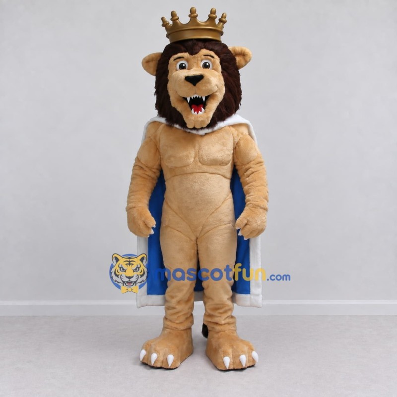 Custom Tan Brown and Blue Lion with Crown and Cape Mascot Costume Adult Full Body Suit for Themed Parties Custom Tan Brown and Blue Lion with Crown and Cape Mascot Costume Adult Full Body Suit for Themed Parties