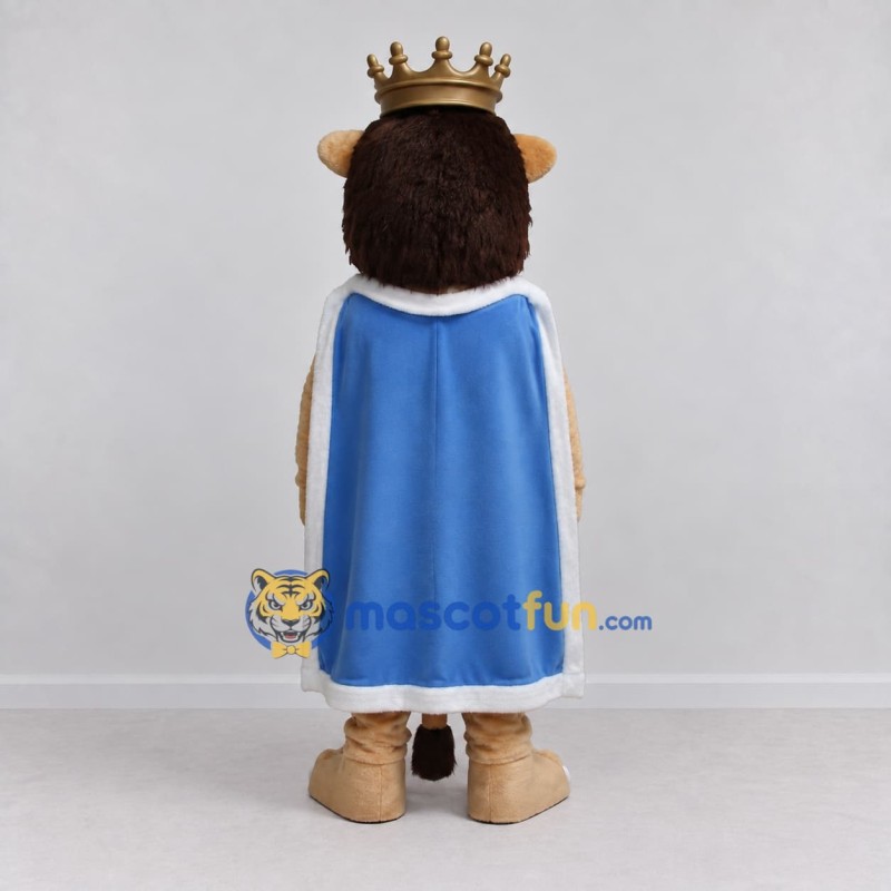 Custom Tan Brown and Blue Lion with Crown and Cape Mascot Costume Adult Full Body Suit for Themed Parties Custom Tan Brown and Blue Lion with Crown and Cape Mascot Costume Adult Full Body Suit for Themed Parties