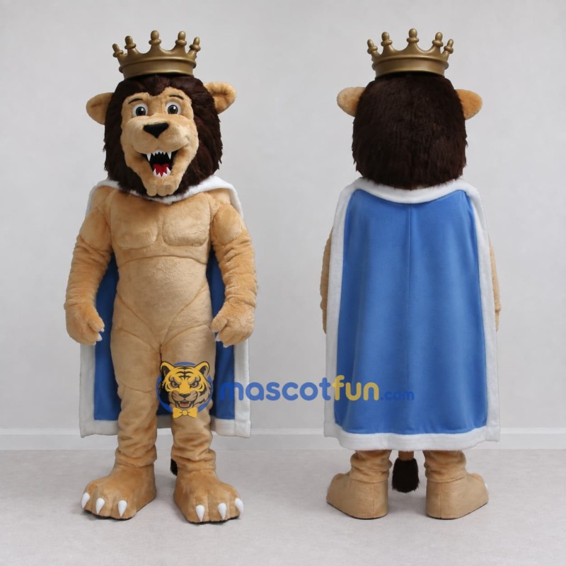 Custom Tan Brown and Blue Lion with Crown and Cape Mascot Costume Adult Full Body Suit for Themed Parties Custom Tan Brown and Blue Lion with Crown and Cape Mascot Costume Adult Full Body Suit for Themed Parties