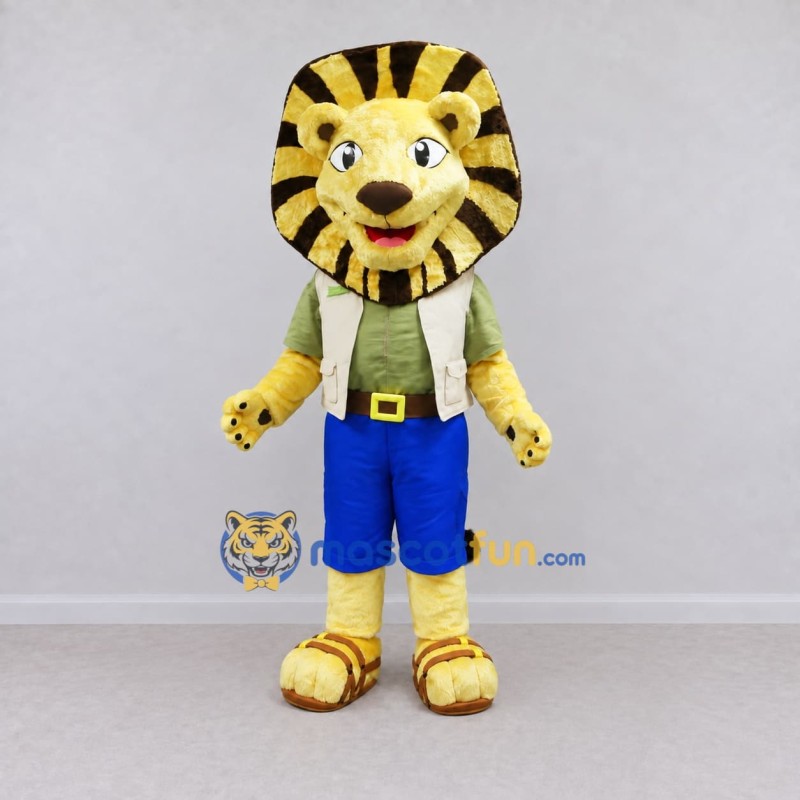 Custom Yellow Brown and Blue Lion in Vest Mascot Costume Adult Full Body Suit for Themed Parties Custom Yellow Brown and Blue Lion in Vest Mascot Costume Adult Full Body Suit for Themed Parties