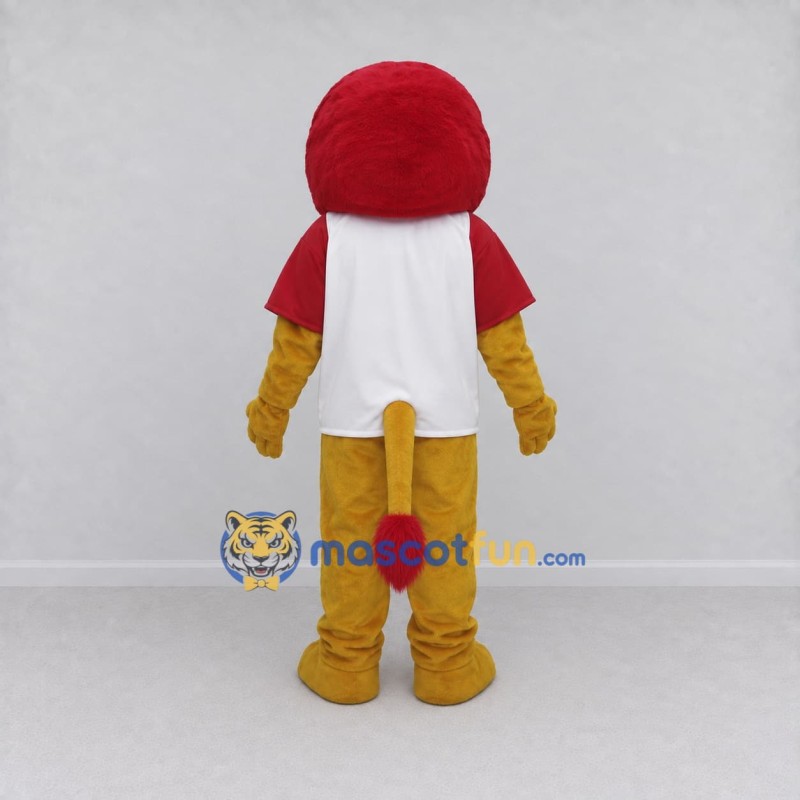 Custom Golden Brown Red and White Lion in T-Shirt Mascot Costume Adult Full Body Suit for Sports Events Custom Golden Brown Red and White Lion in T-Shirt Mascot Costume Adult Full Body Suit for Sports Events