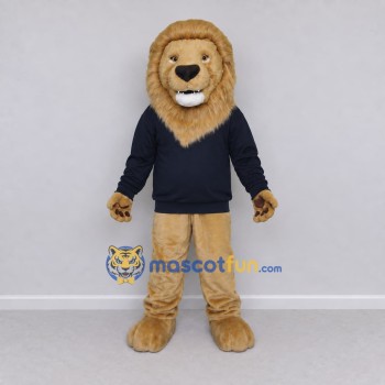 Custom Tan and Navy Blue Lion in Sweatshirt Mascot Costume Adult Full Body Suit for School Events