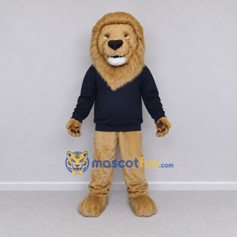 Custom Tan and Navy Blue Lion in Sweatshirt Mascot Costume Adult Full Body Suit for School Events