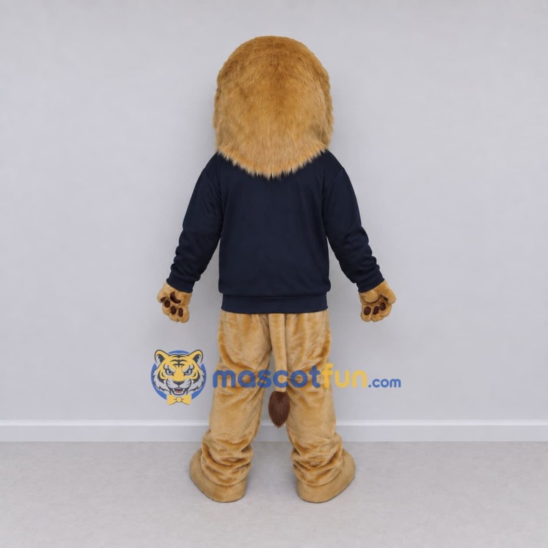 Custom Tan and Navy Blue Lion in Sweatshirt Mascot Costume Adult Full Body Suit for School Events