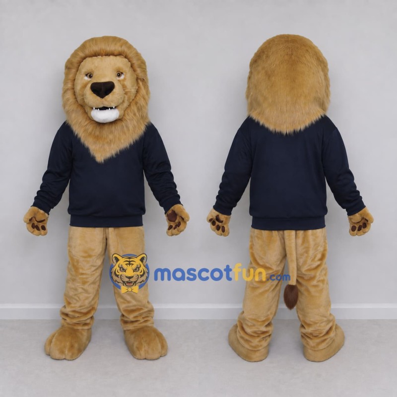Custom Tan and Navy Blue Lion in Sweatshirt Mascot Costume Adult Full Body Suit for School Events