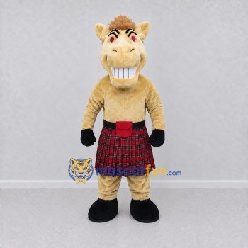 Custom Tan Brown and Red Horse in Tartan Kilt Mascot Costume Adult Full Body Suit for Themed Parties Custom Tan Brown and Red Horse in Tartan Kilt Mascot Costume Adult Full Body Suit for Themed Parties