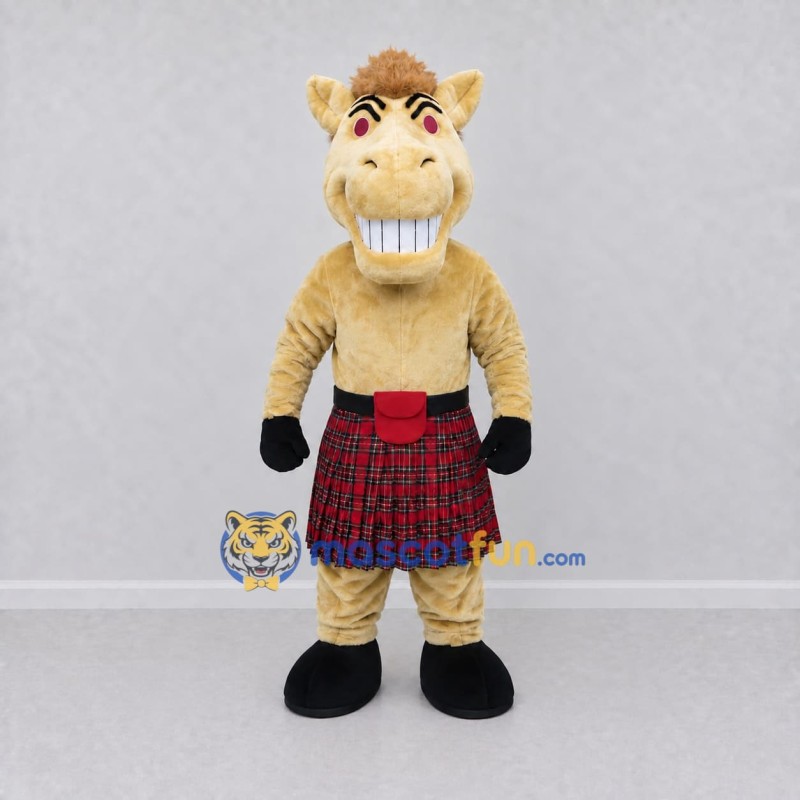 Custom Tan Brown and Red Horse in Tartan Kilt Mascot Costume Adult Full Body Suit for Themed Parties Custom Tan Brown and Red Horse in Tartan Kilt Mascot Costume Adult Full Body Suit for Themed Parties