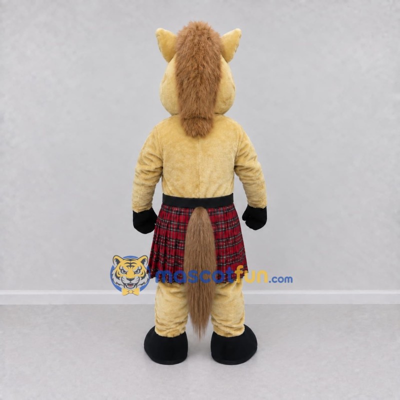 Custom Tan Brown and Red Horse in Tartan Kilt Mascot Costume Adult Full Body Suit for Themed Parties Custom Tan Brown and Red Horse in Tartan Kilt Mascot Costume Adult Full Body Suit for Themed Parties