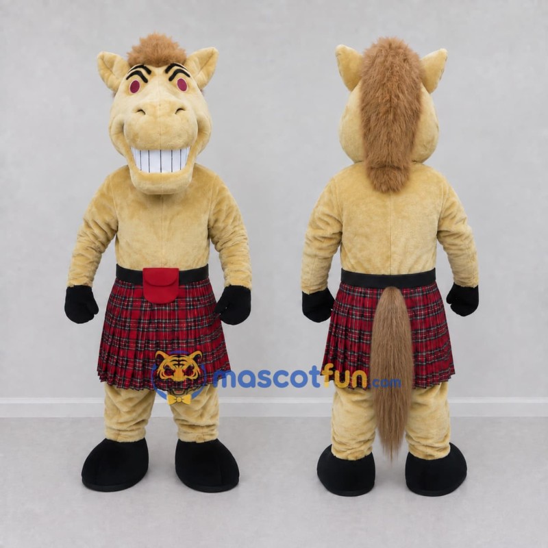 Custom Tan Brown and Red Horse in Tartan Kilt Mascot Costume Adult Full Body Suit for Themed Parties Custom Tan Brown and Red Horse in Tartan Kilt Mascot Costume Adult Full Body Suit for Themed Parties
