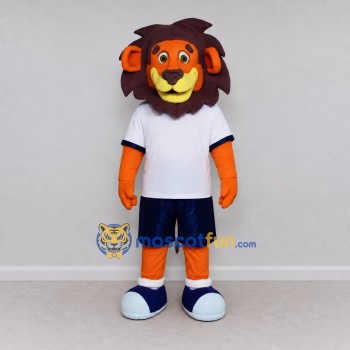 Custom Orange Brown White and Blue Lion in Sportswear Mascot Costume Adult Full Body Suit for Sports Events