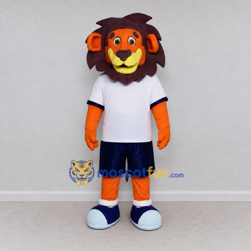 Custom Orange Brown White and Blue Lion in Sportswear Mascot Costume Adult Full Body Suit for Sports Events Custom Orange Brown White and Blue Lion in Sportswear Mascot Costume Adult Full Body Suit for Sports Events