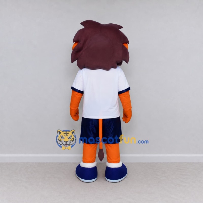 Custom Orange Brown White and Blue Lion in Sportswear Mascot Costume Adult Full Body Suit for Sports Events Custom Orange Brown White and Blue Lion in Sportswear Mascot Costume Adult Full Body Suit for Sports Events