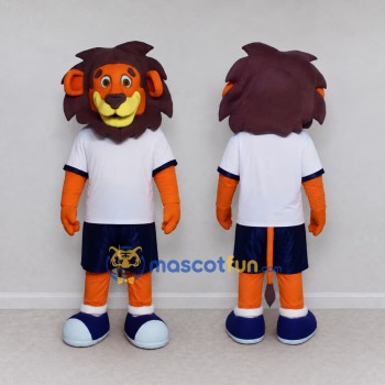 Custom Orange Brown White and Blue Lion in Sportswear Mascot Costume Adult Full Body Suit for Sports Events