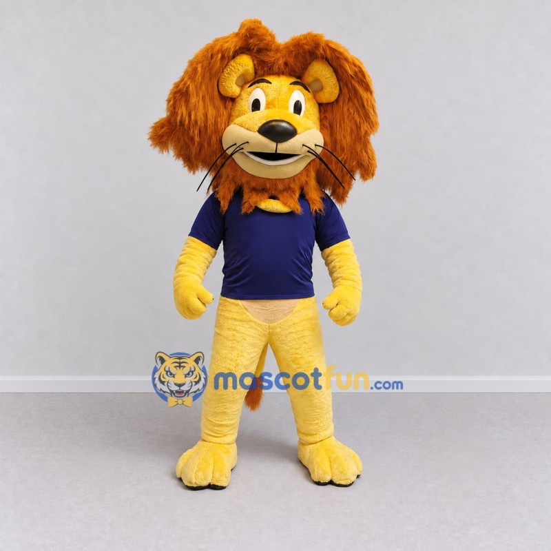 Custom Yellow Brown and Navy Blue Lion in T-Shirt Mascot Costume Adult Full Body Suit for School Events Custom Yellow Brown and Navy Blue Lion in T-Shirt Mascot Costume Adult Full Body Suit for School Events
