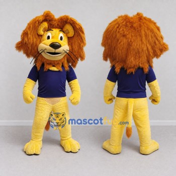Custom Yellow Brown and Navy Blue Lion in T-Shirt Mascot Costume Adult Full Body Suit for School Events