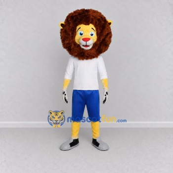 Custom Yellow Brown White and Blue Lion in Sportswear Mascot Costume Adult Full Body Suit for Sports Events