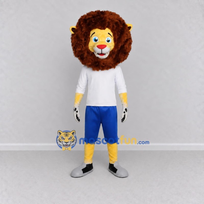 Custom Yellow Brown White and Blue Lion in Sportswear Mascot Costume Adult Full Body Suit for Sports Events Custom Yellow Brown White and Blue Lion in Sportswear Mascot Costume Adult Full Body Suit for Sports Events