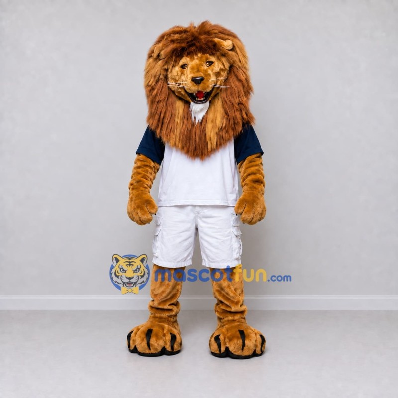 Custom Golden Brown White and Blue Lion in Sportswear Mascot Costume Adult Full Body Suit for Sports Events Custom Golden Brown White and Blue Lion in Sportswear Mascot Costume Adult Full Body Suit for Sports Events