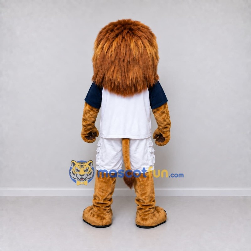 Custom Golden Brown White and Blue Lion in Sportswear Mascot Costume Adult Full Body Suit for Sports Events Custom Golden Brown White and Blue Lion in Sportswear Mascot Costume Adult Full Body Suit for Sports Events