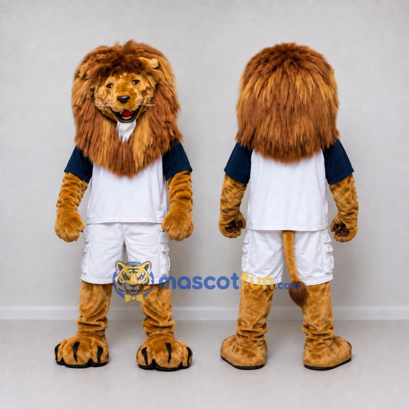 Custom Golden Brown White and Blue Lion in Sportswear Mascot Costume Adult Full Body Suit for Sports Events Custom Golden Brown White and Blue Lion in Sportswear Mascot Costume Adult Full Body Suit for Sports Events