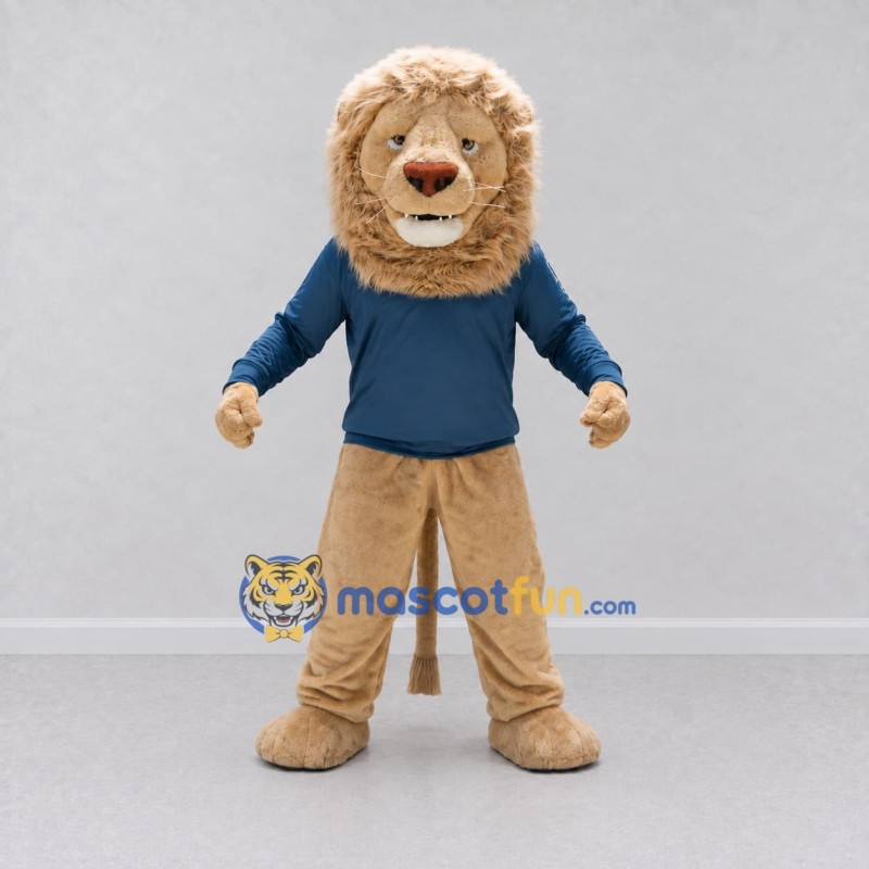Custom Tan and Blue Lion in Sweatshirt Mascot Costume Adult Full Body Suit for School Events