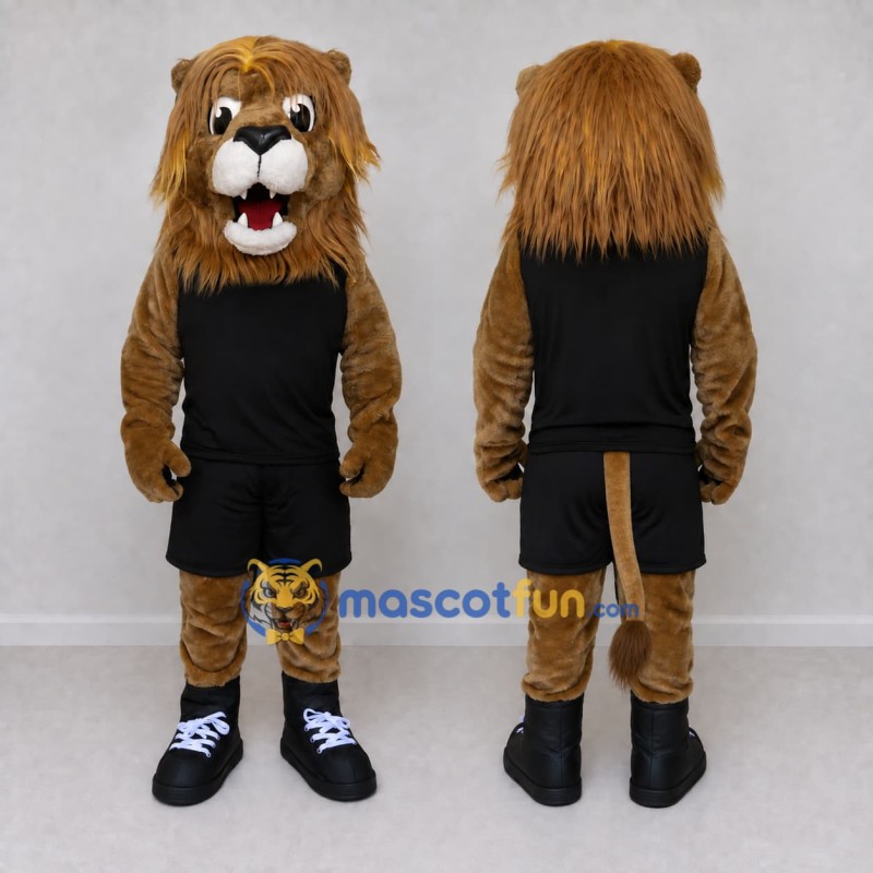 Custom Brown and Black Lion in Sportswear Mascot Costume Adult Full Body Suit for Sports Events Custom Brown and Black Lion in Sportswear Mascot Costume Adult Full Body Suit for Sports Events