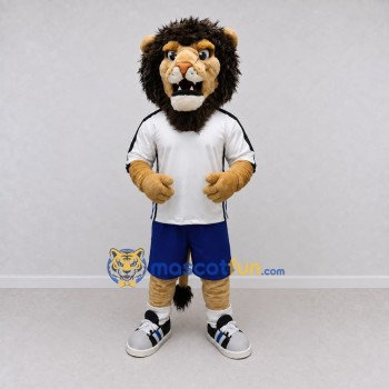 Custom Tan Black White and Blue Lion in Sportswear Mascot Costume Adult Full Body Suit for Sports Events
