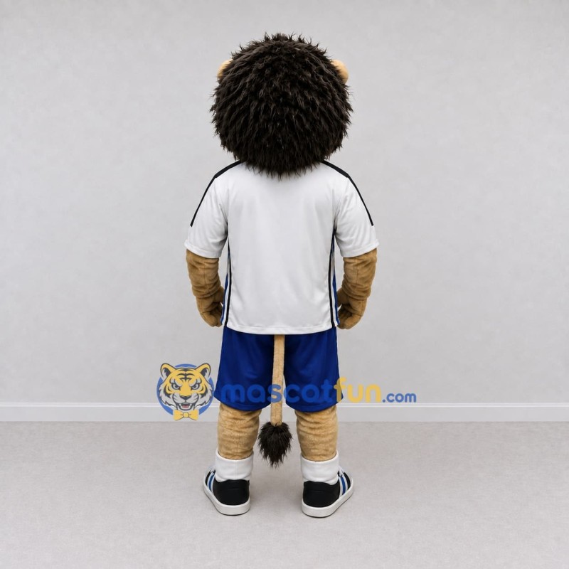 Custom Tan Black White and Blue Lion in Sportswear Mascot Costume Adult Full Body Suit for Sports Events Custom Tan Black White and Blue Lion in Sportswear Mascot Costume Adult Full Body Suit for Sports Events