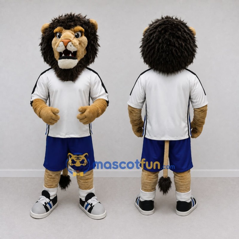 Custom Tan Black White and Blue Lion in Sportswear Mascot Costume Adult Full Body Suit for Sports Events Custom Tan Black White and Blue Lion in Sportswear Mascot Costume Adult Full Body Suit for Sports Events