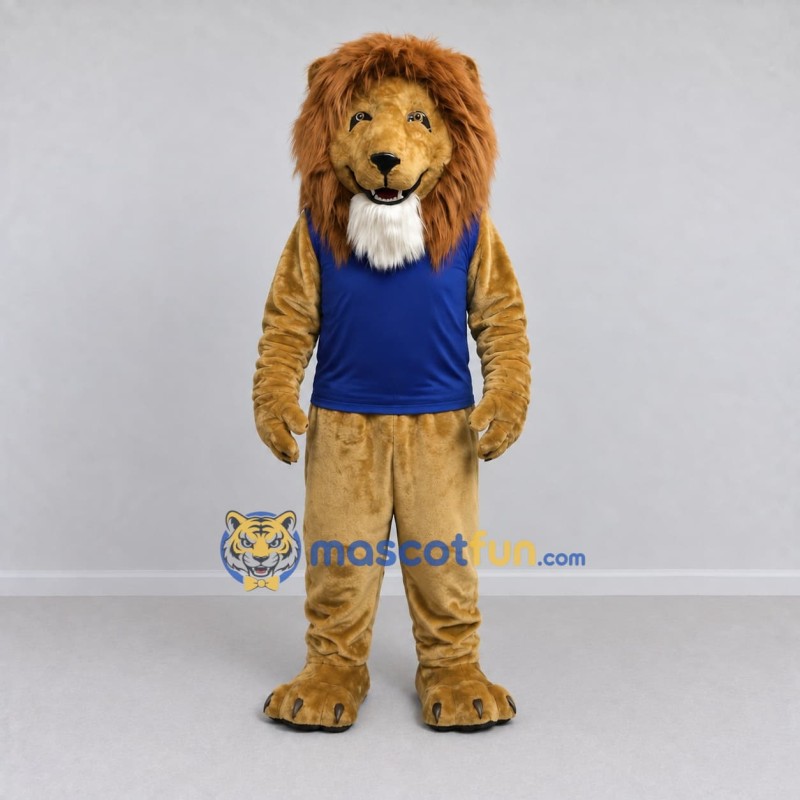 Custom Tan and Blue Lion in Tank Top Mascot Costume Adult Full Body Suit for Sports Events