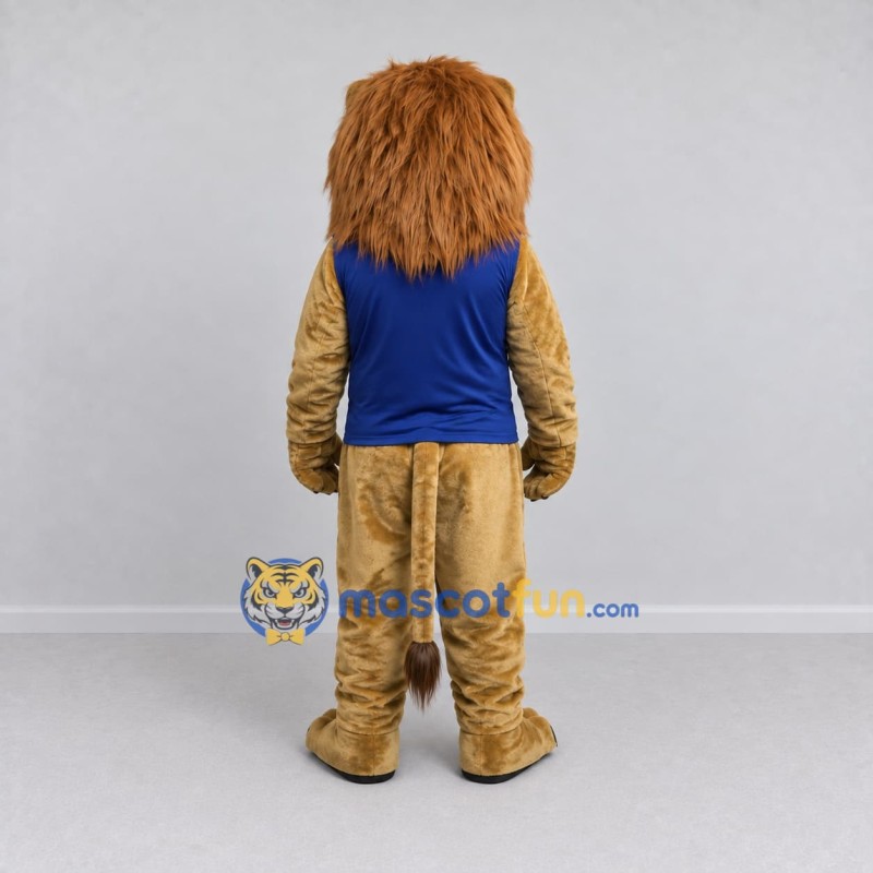 Custom Tan and Blue Lion in Tank Top Mascot Costume Adult Full Body Suit for Sports Events
