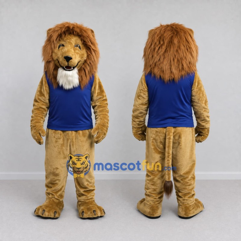 Custom Tan and Blue Lion in Tank Top Mascot Costume Adult Full Body Suit for Sports Events